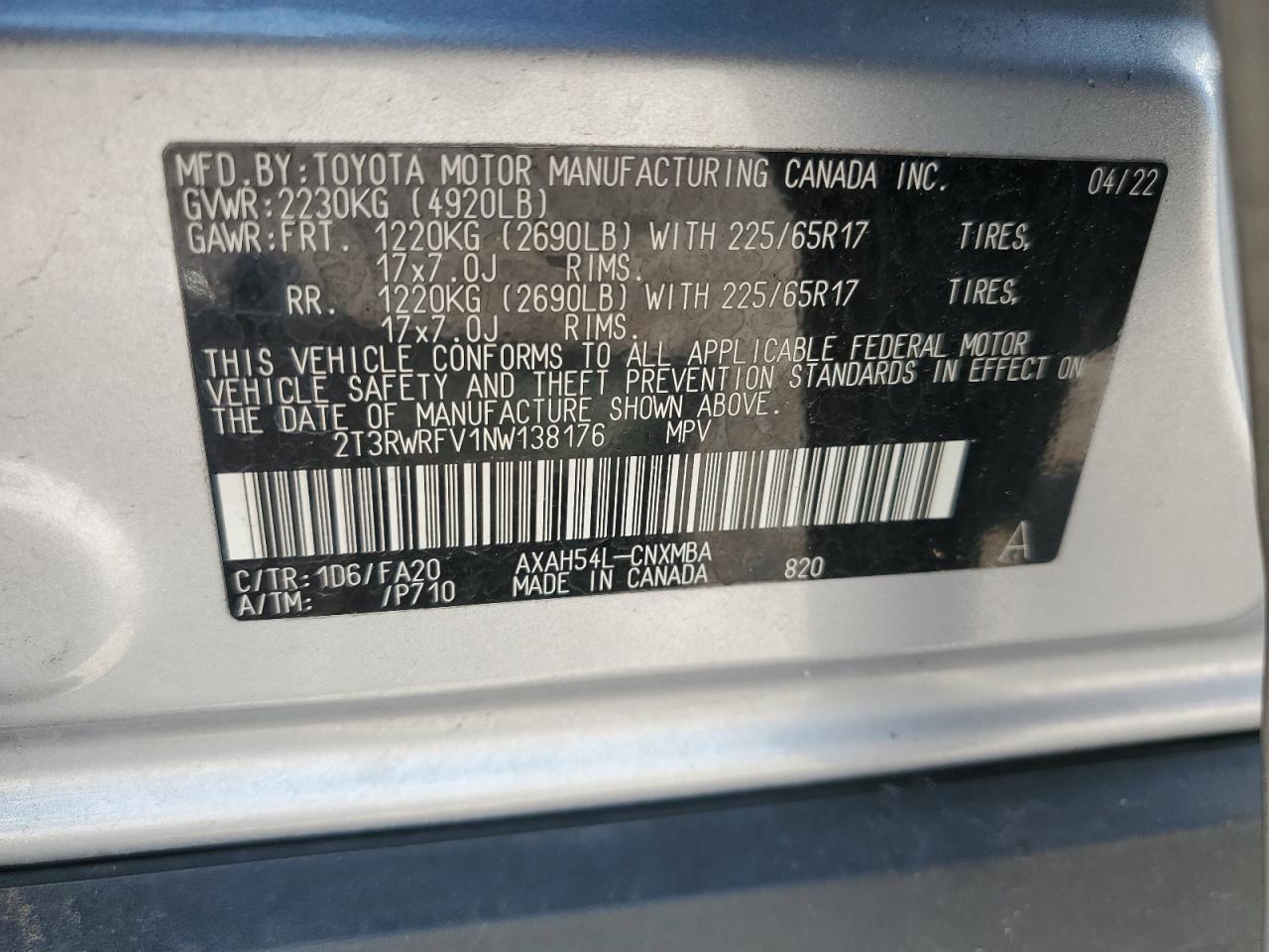 2022 Toyota Rav4 Xle VIN: 2T3RWRFV1NW138176 Lot: 62268594