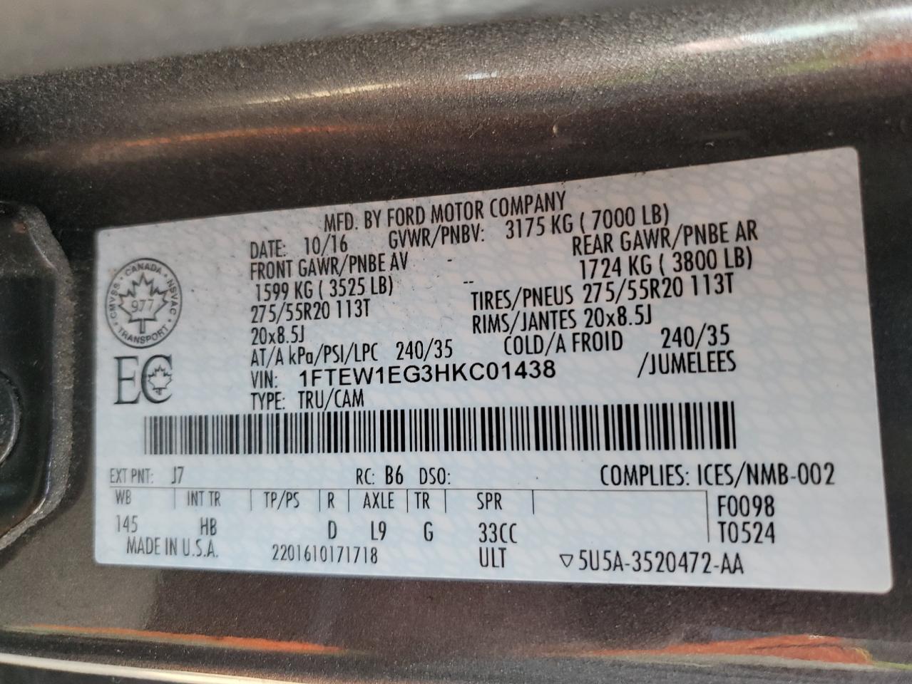 2017 Ford F150 Supercrew VIN: 1FTEW1EG3HKC01438 Lot: 61867325