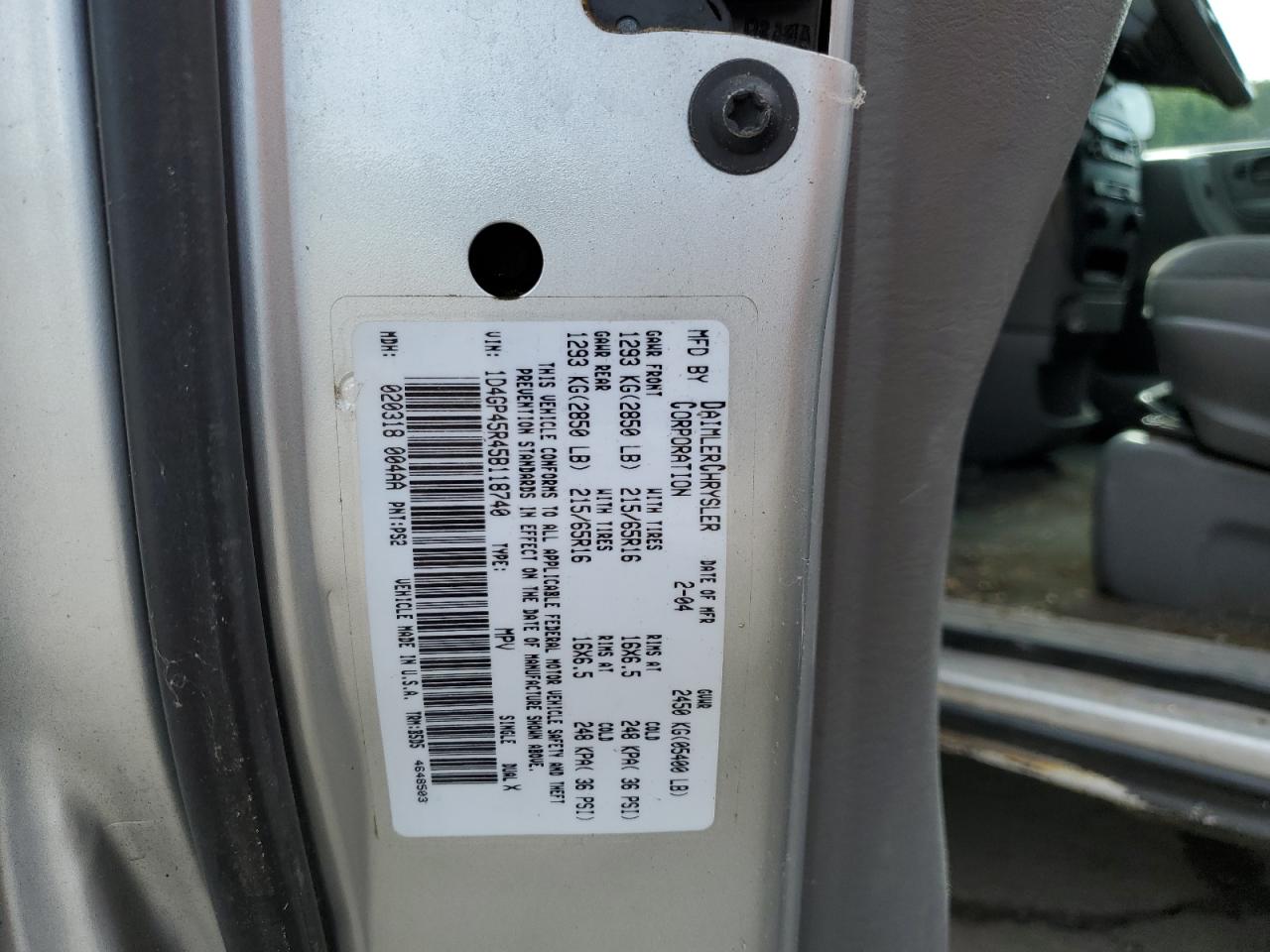 2005 Dodge Caravan Sxt VIN: 1D4GP45R45B118740 Lot: 65527444