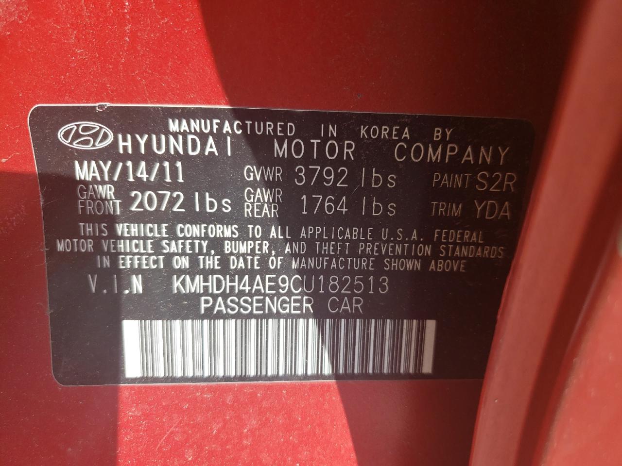 KMHDH4AE9CU182513 2012 Hyundai Elantra Gls