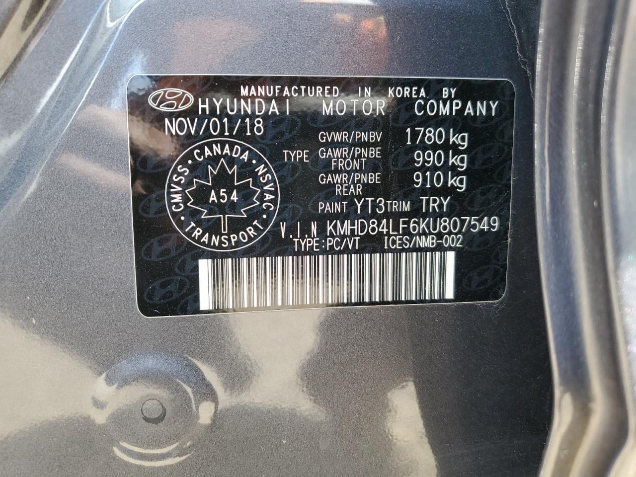 2019 Hyundai Elantra Sel VIN: KMHD84LF6KU807549 Lot: 62629964