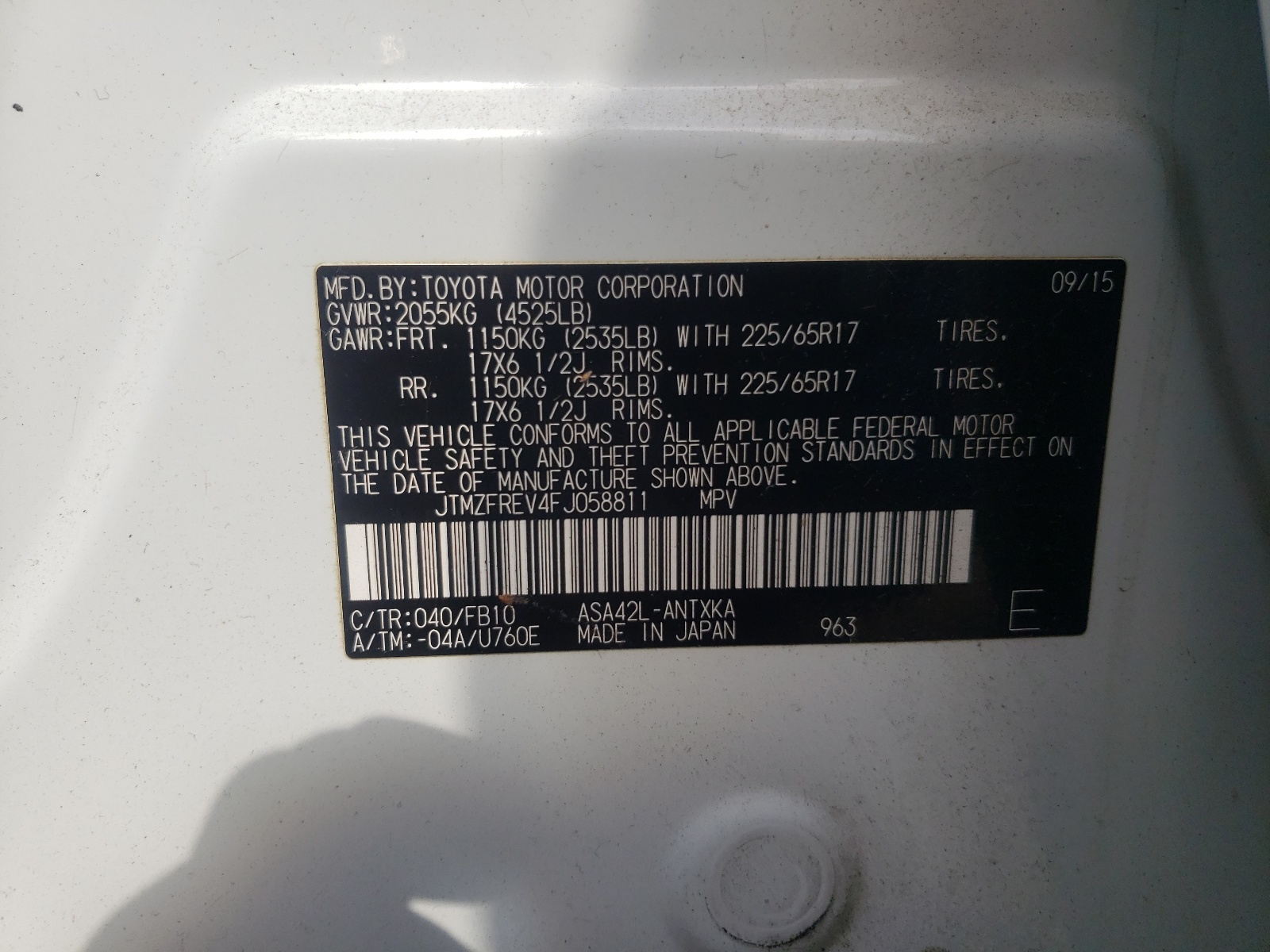 JTMZFREV4FJ058811 2015 Toyota Rav4 Le