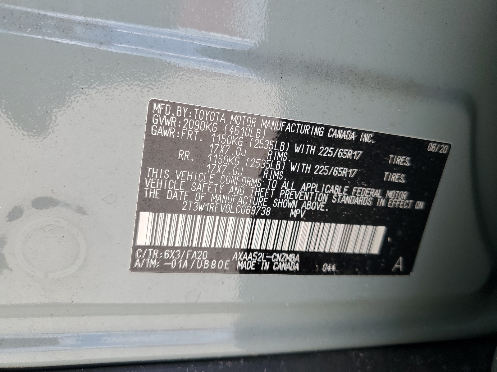 2T3W1RFV0LC069738 2020 Toyota Rav4 Xle