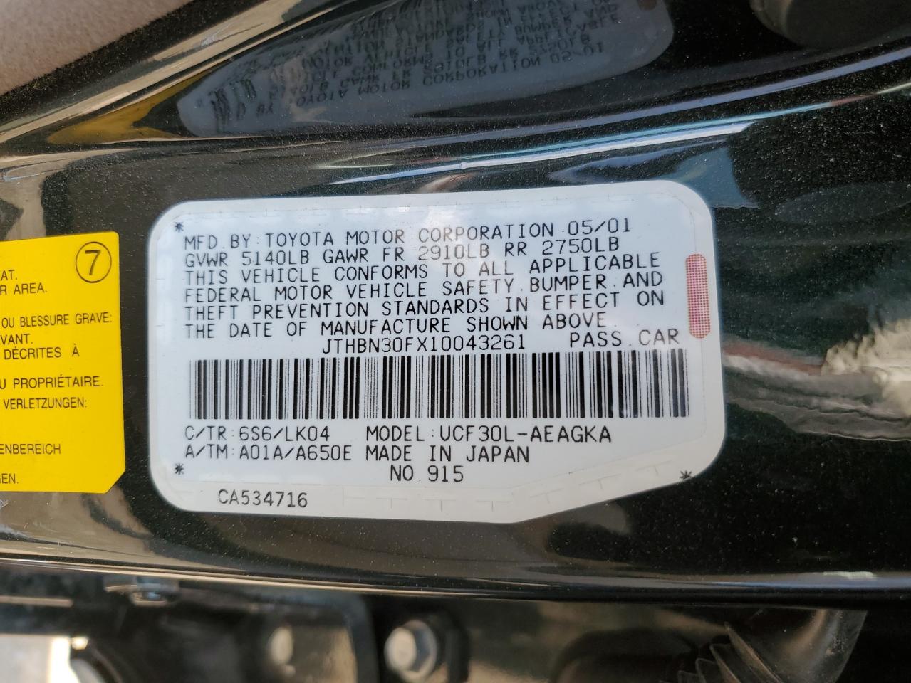 2001 Lexus Ls 430 VIN: JTHBN30FX10043261 Lot: 59236625