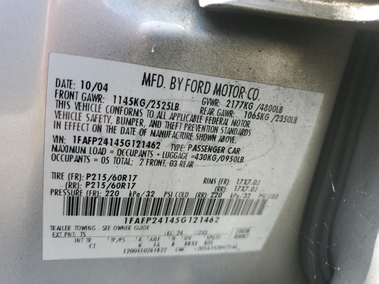 1FAFP24145G121462 2005 Ford Five Hundred Sel