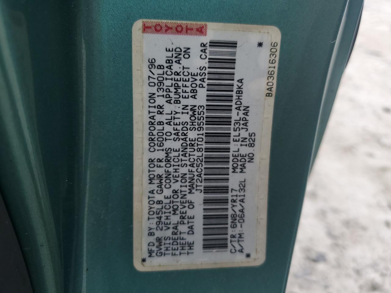 1996 Toyota Tercel Std VIN: JT2AC52L8T0195553 Lot: 61659544