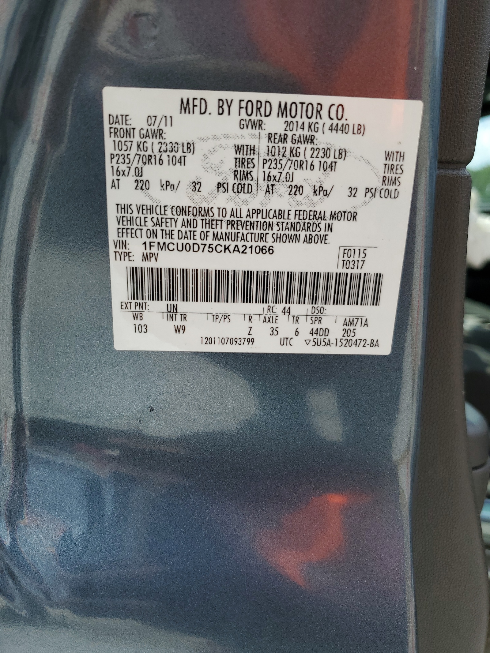 1FMCU0D75CKA21066 2012 Ford Escape Xlt