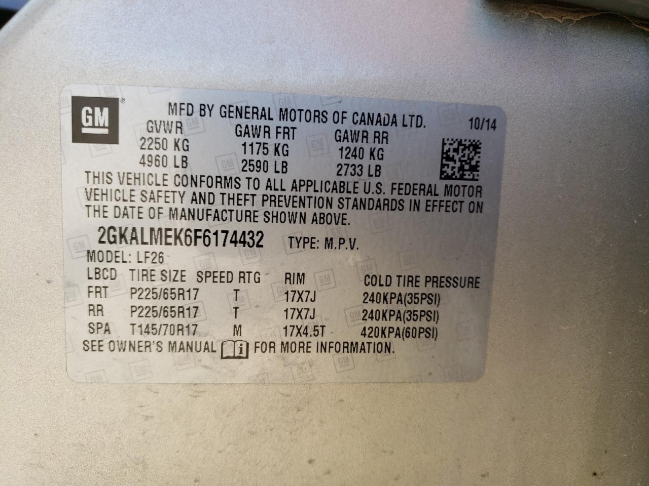 2015 GMC Terrain Sle VIN: 2GKALMEK6F6174432 Lot: 61987094