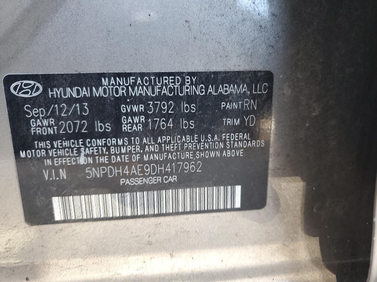 2013 Hyundai Elantra Gls VIN: 5NPDH4AE9DH417962 Lot: 64451144