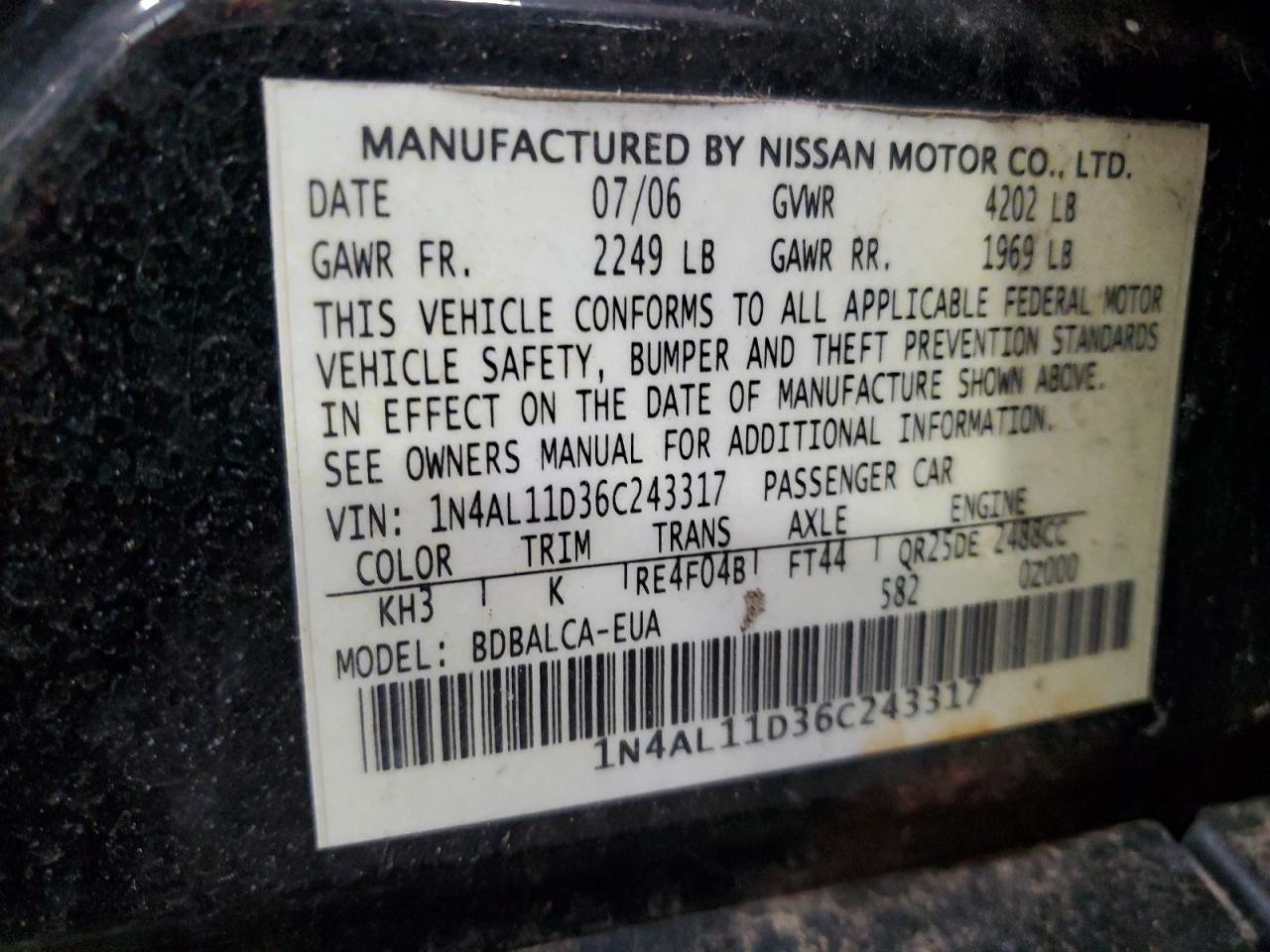 1N4AL11D36C243317 2006 Nissan Altima S