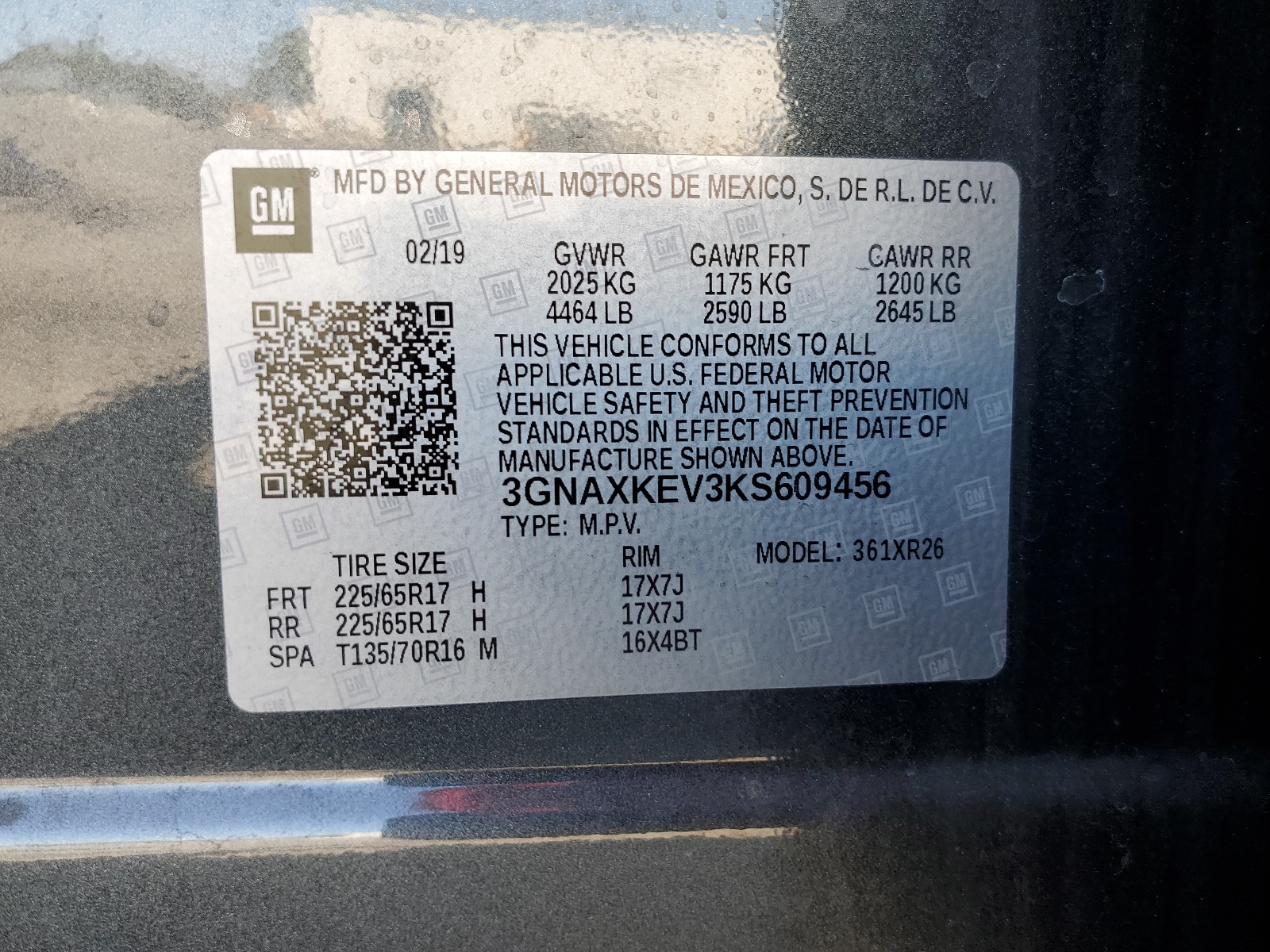 3GNAXKEV3KS609456 2019 Chevrolet Equinox Lt