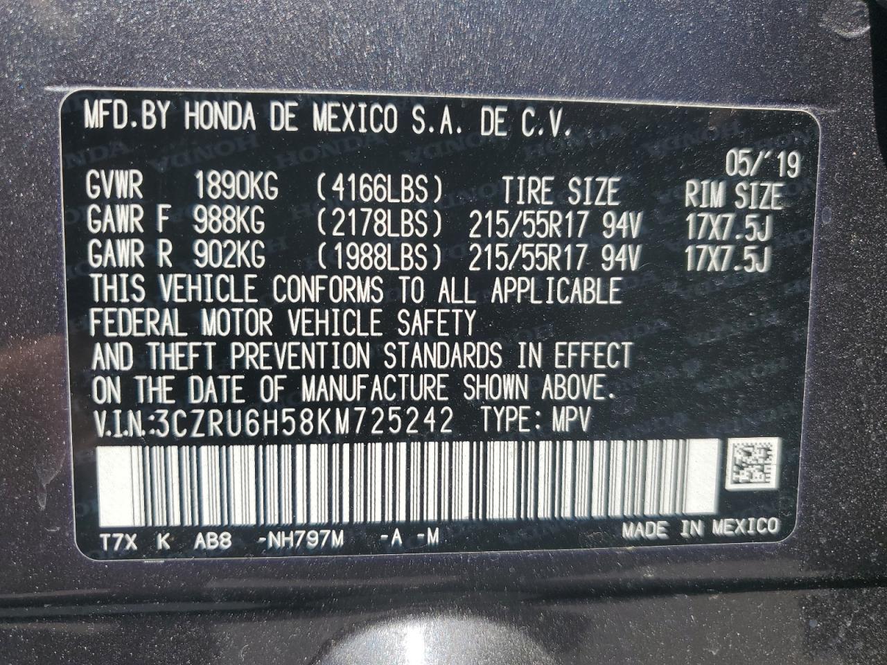 2019 Honda Hr-V Ex VIN: 3CZRU6H58KM725242 Lot: 63764344