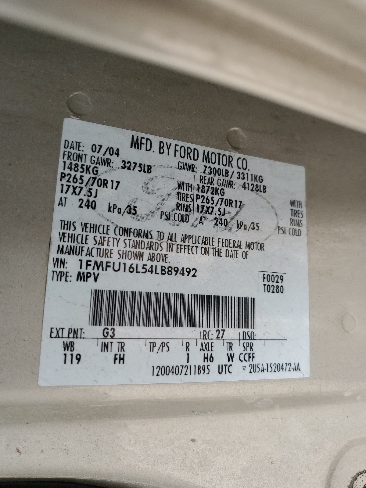 1FMFU16L54LB89492 2004 Ford Expedition Xlt