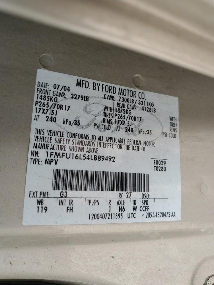 2004 Ford Expedition Xlt VIN: 1FMFU16L54LB89492 Lot: 64631014