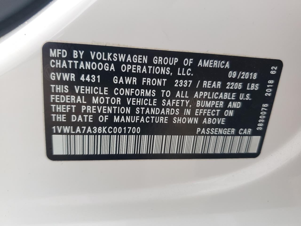 2019 Volkswagen Passat Wolfsburg VIN: 1VWLA7A36KC001700 Lot: 63303854