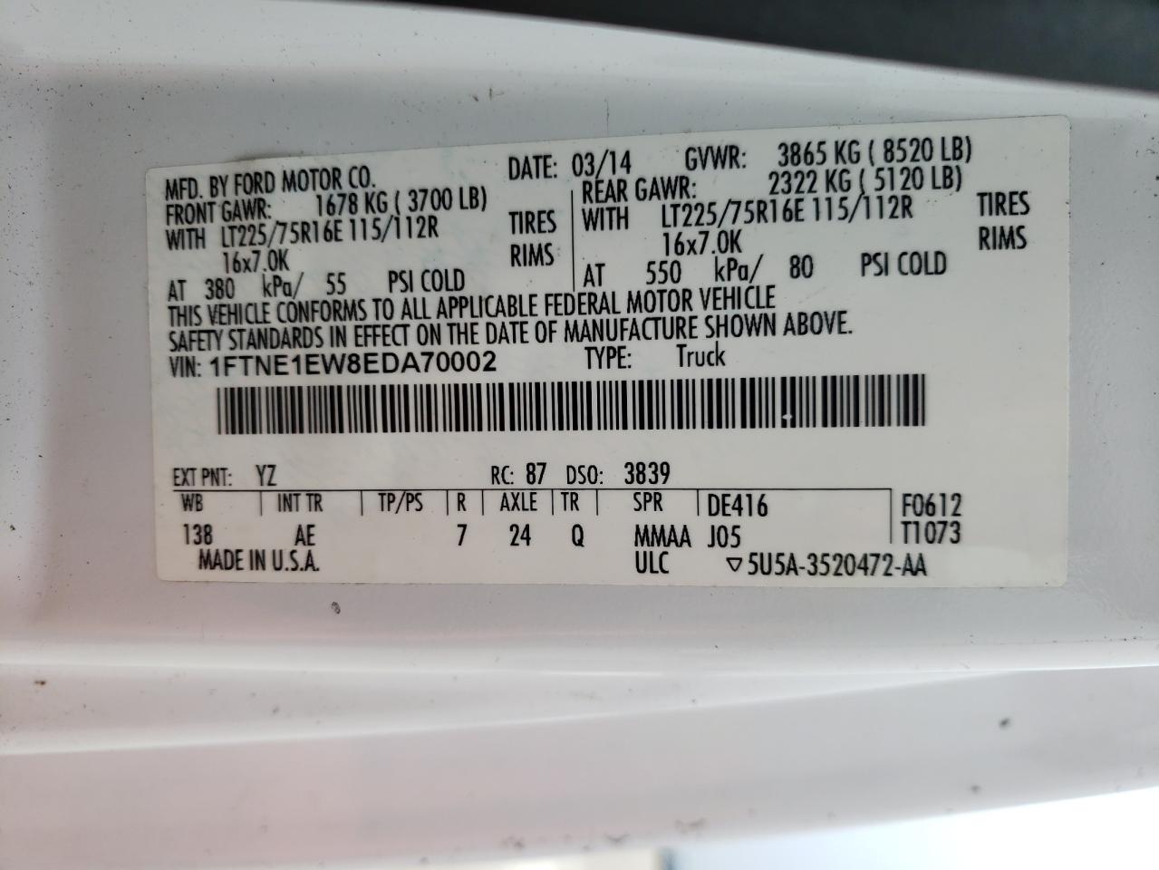 2014 Ford Econoline E150 Van VIN: 1FTNE1EW8EDA70002 Lot: 62508194