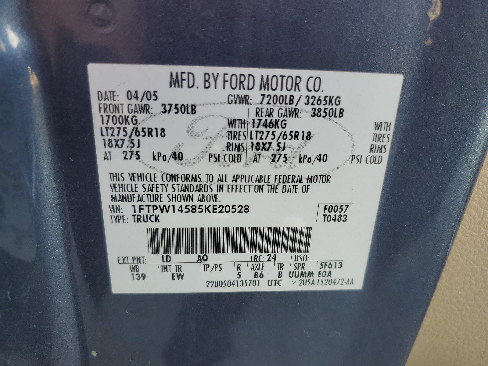 1FTPW14585KE20528 2005 Ford F150 Supercrew