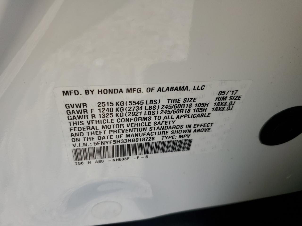 2017 Honda Pilot Ex VIN: 5FNYF5H33HB018728 Lot: 61459114