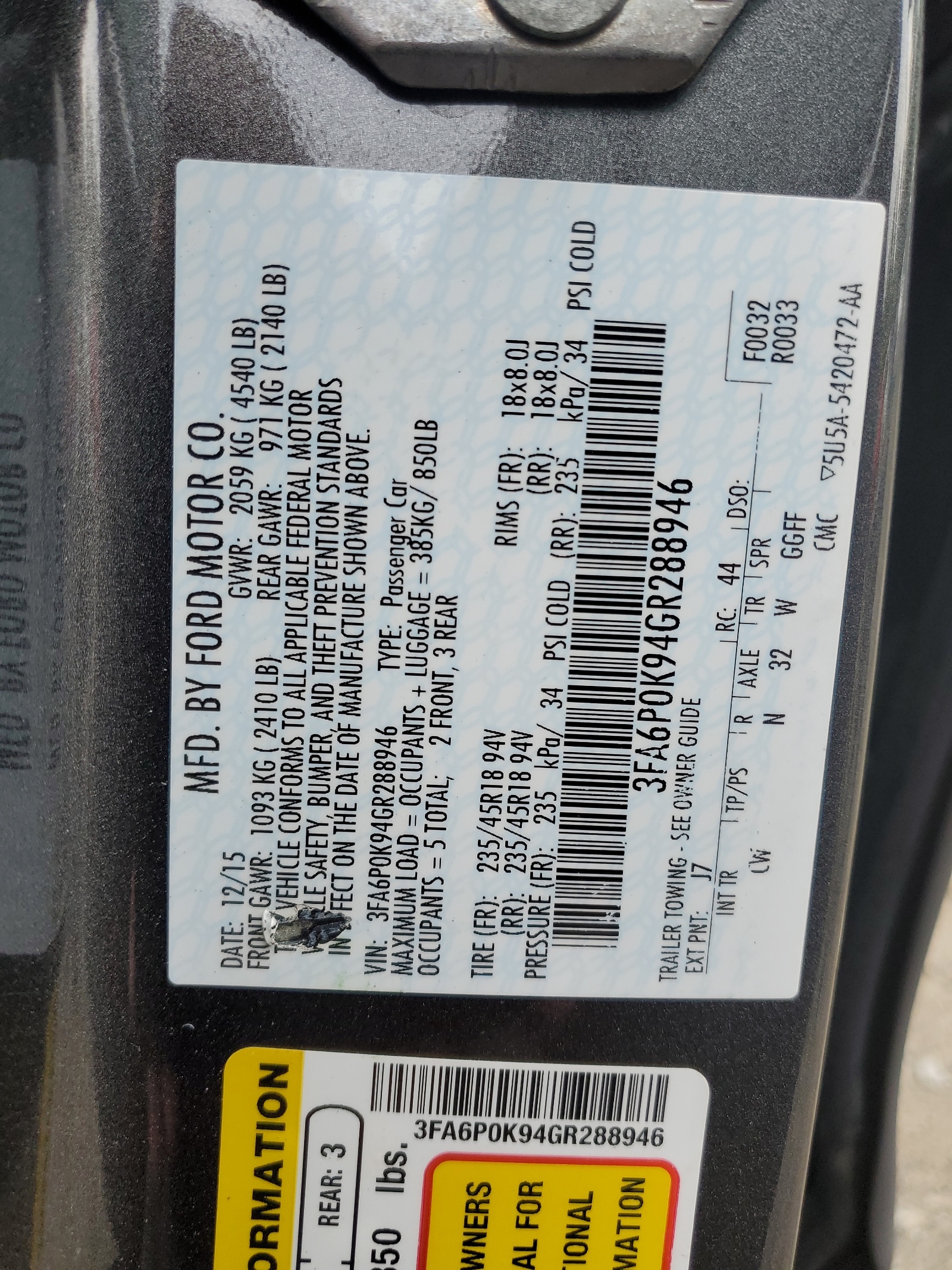 3FA6P0K94GR288946 2016 Ford Fusion Titanium
