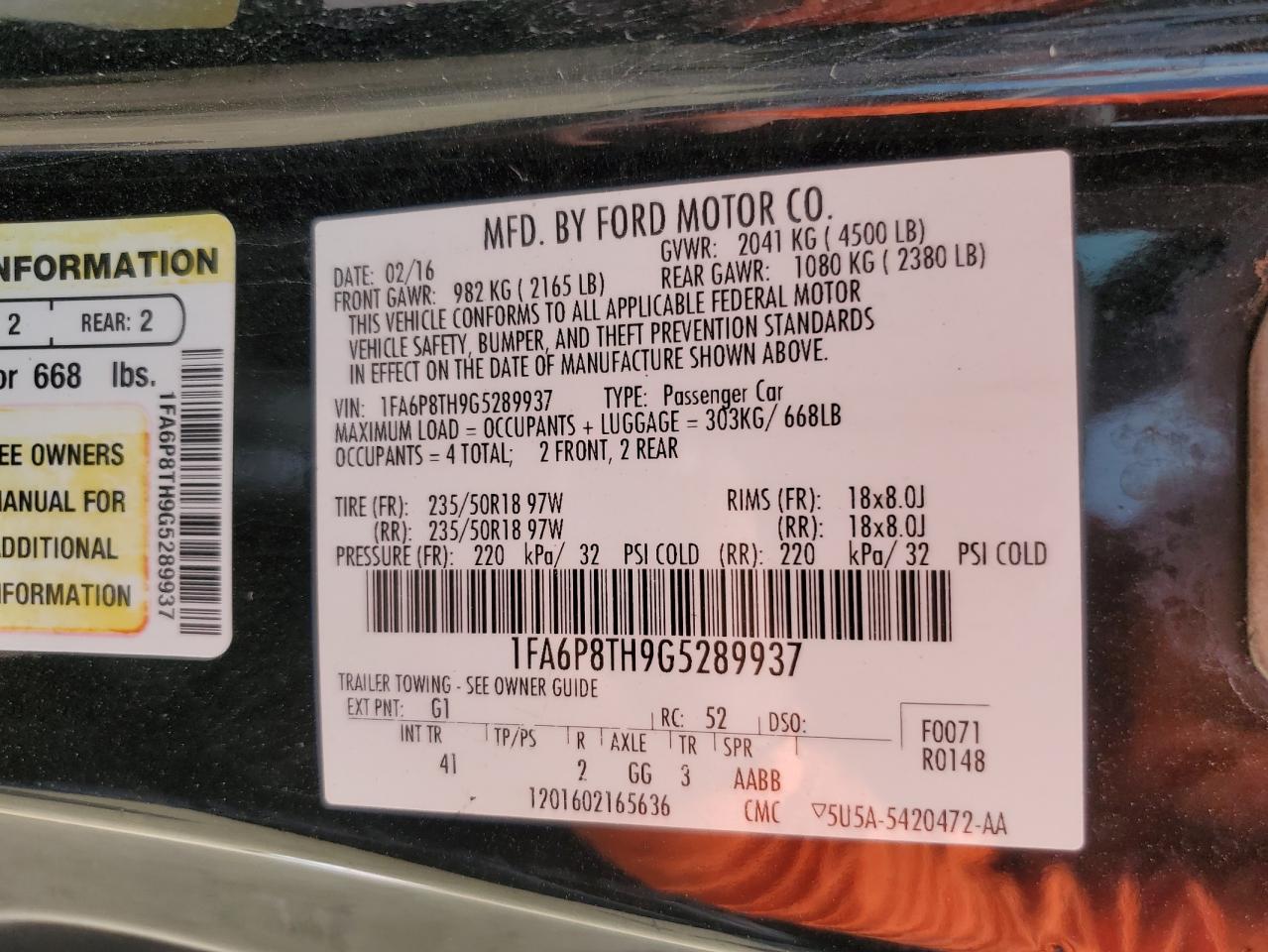 2016 Ford Mustang VIN: 1FA6P8TH9G5289937 Lot: 61500844