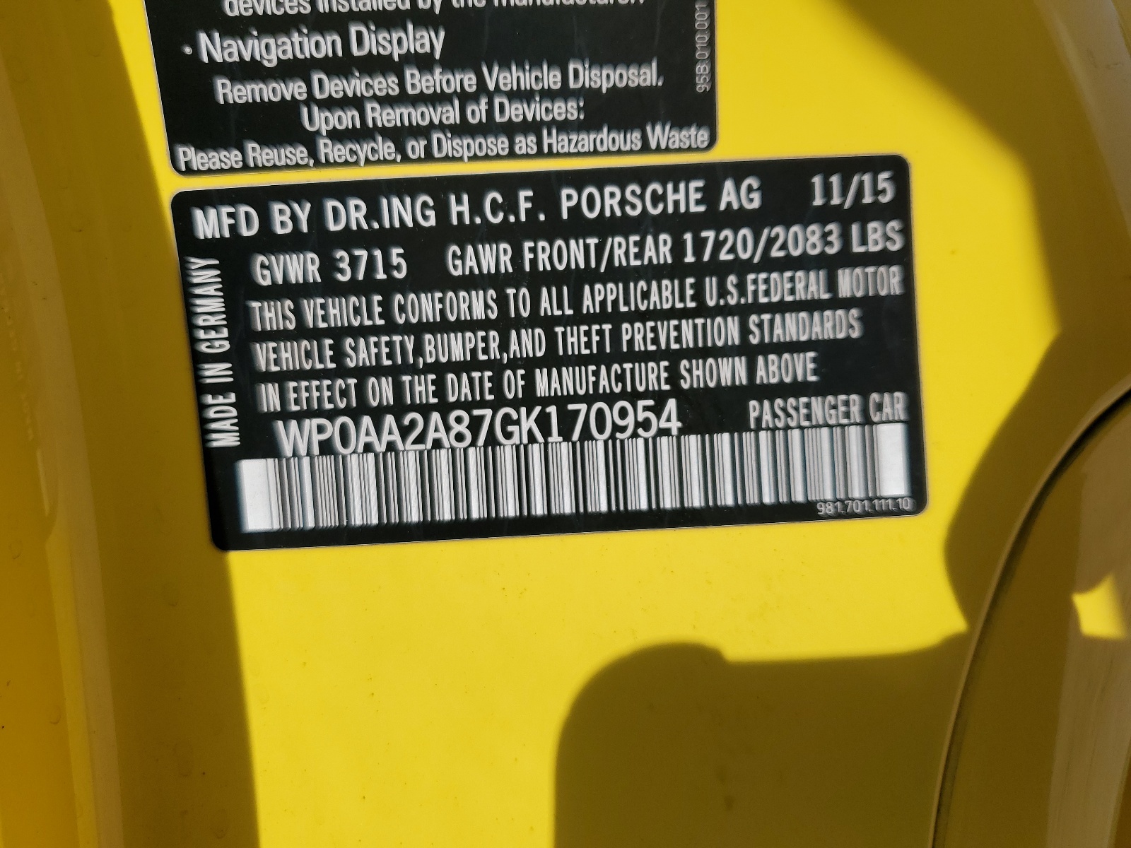 WP0AA2A87GK170954 2016 Porsche Cayman