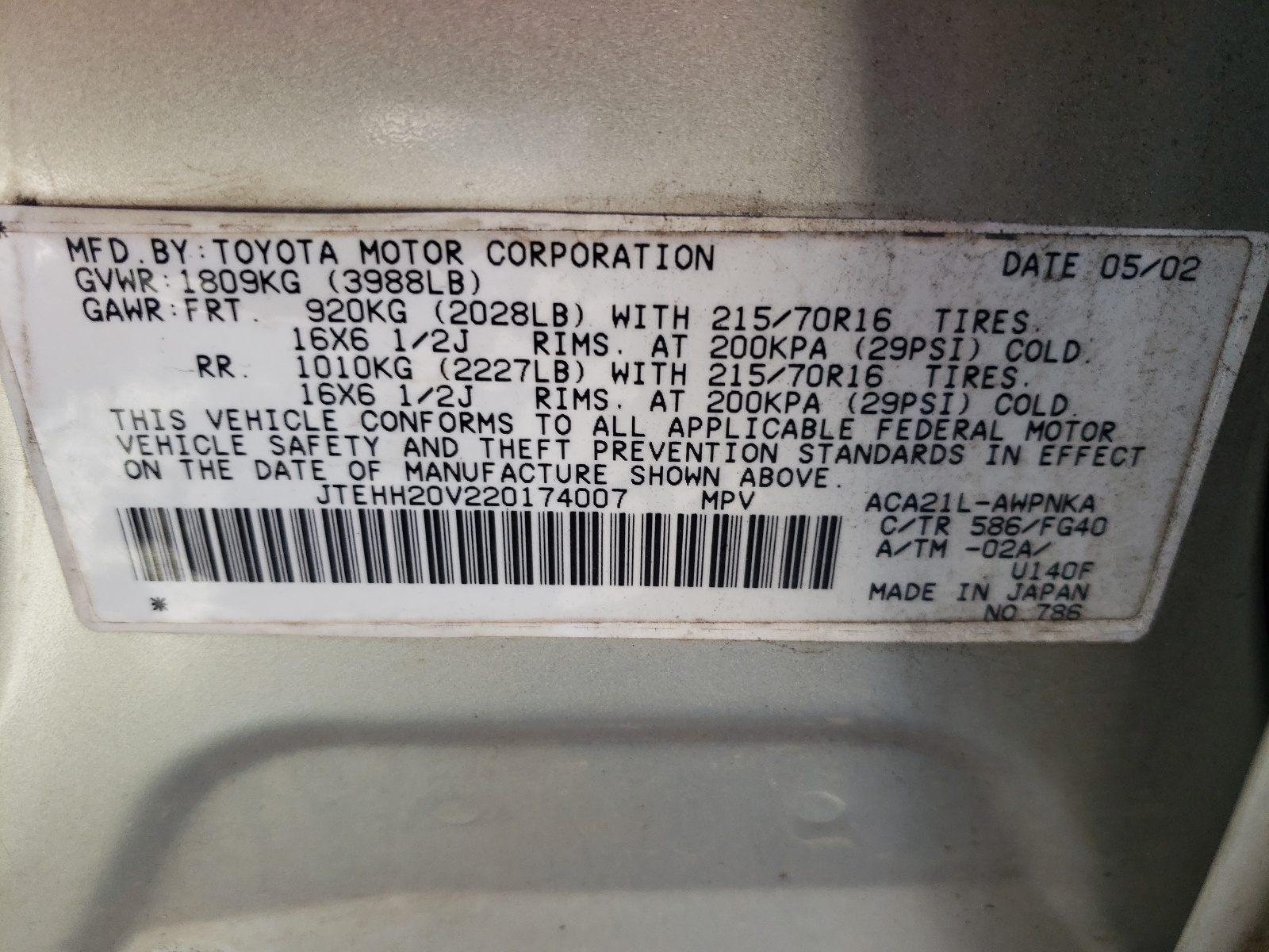 JTEHH20V220174007 2002 Toyota Rav4