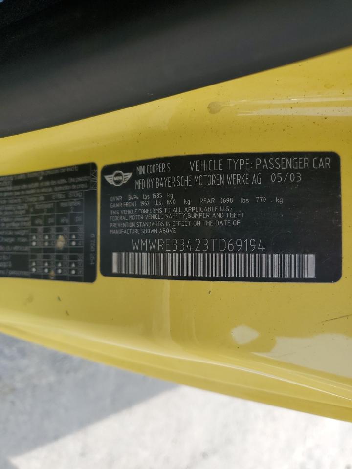 2003 Mini Cooper S VIN: WMWRE33423TD69194 Lot: 64492914