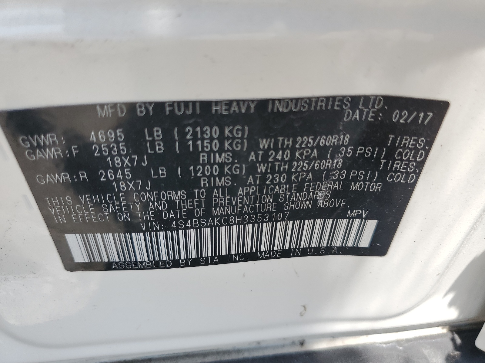 4S4BSAKC8H3353107 2017 Subaru Outback 2.5I Limited