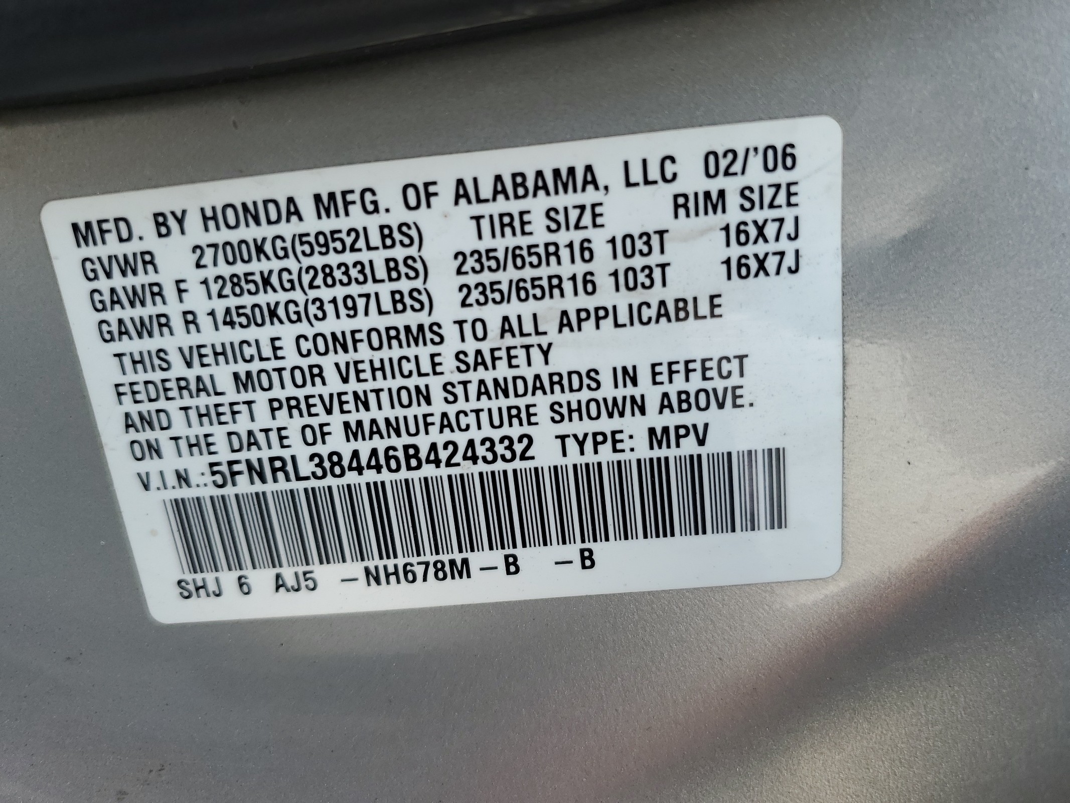 5FNRL38446B424332 2006 Honda Odyssey Ex