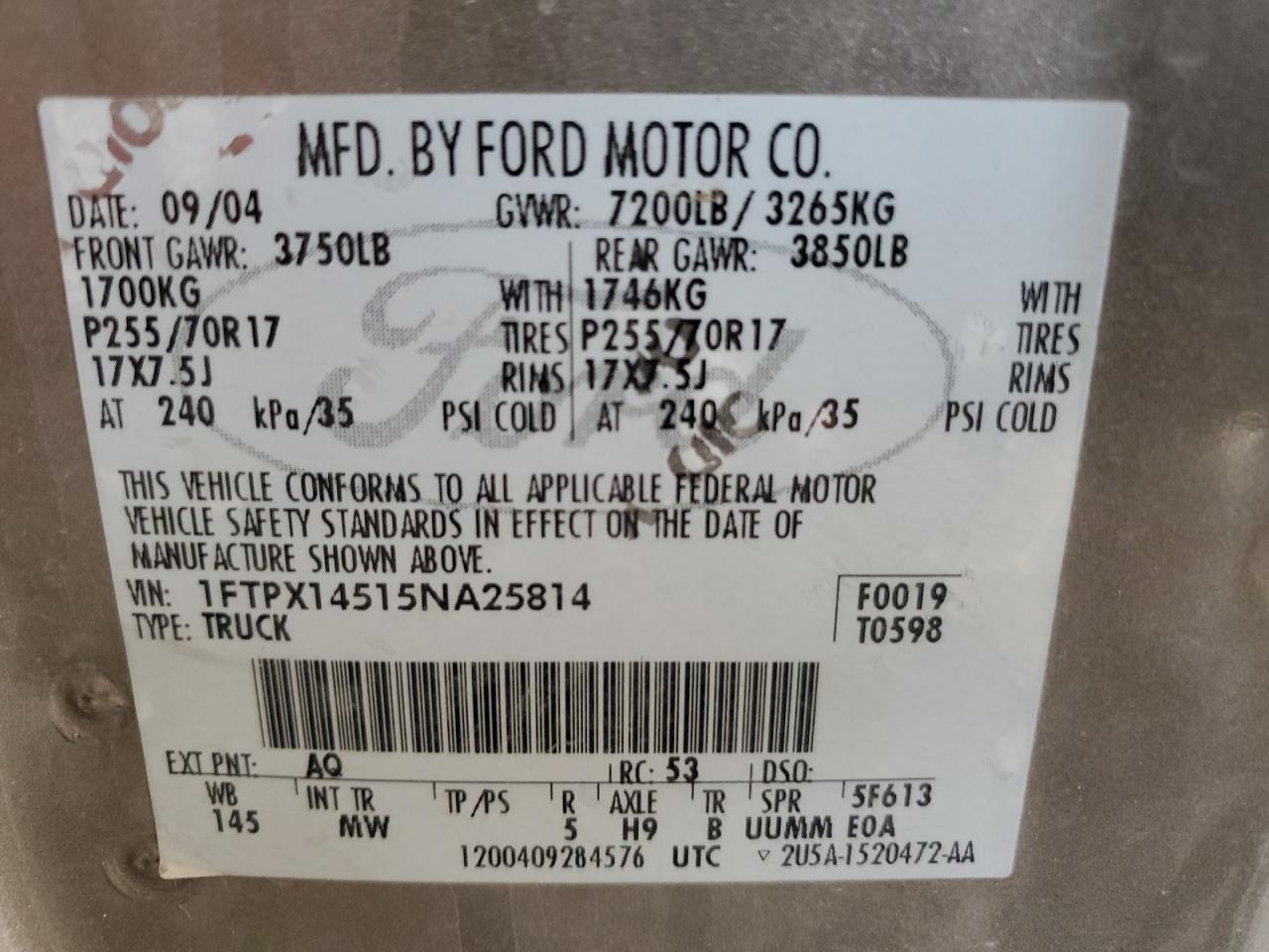 1FTPX14515NA25814 2005 Ford F150