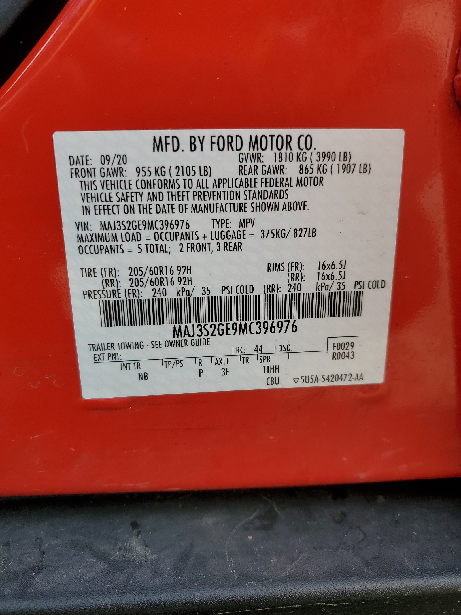 MAJ3S2GE9MC396976 2021 Ford Ecosport Se