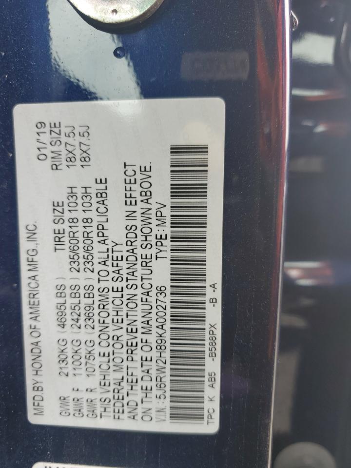 2019 Honda Cr-V Exl VIN: 5J6RW2H89KA002736 Lot: 65082134