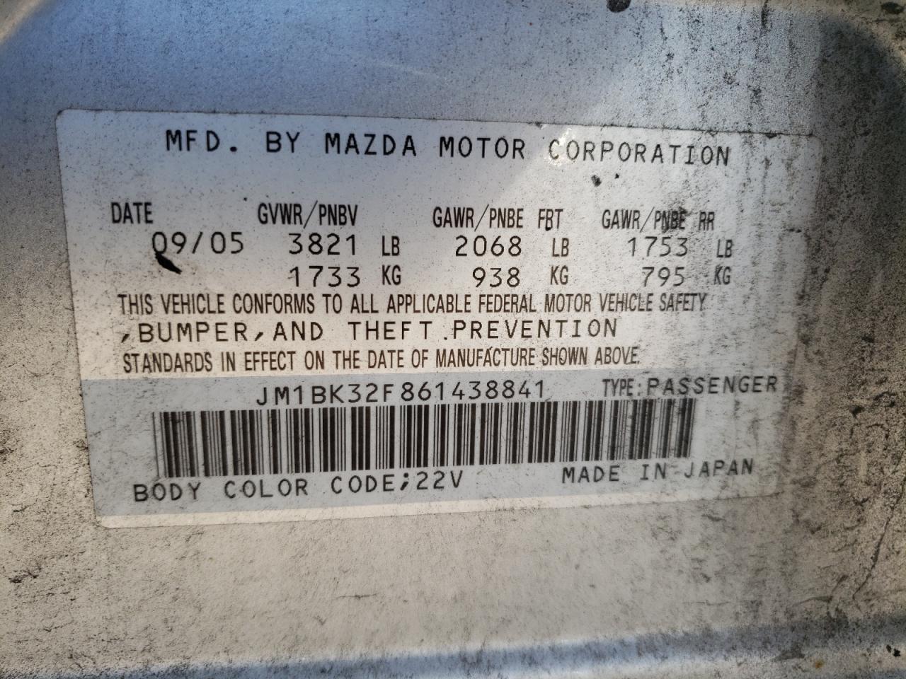 2006 Mazda 3 I VIN: JM1BK32F861438841 Lot: 62108534