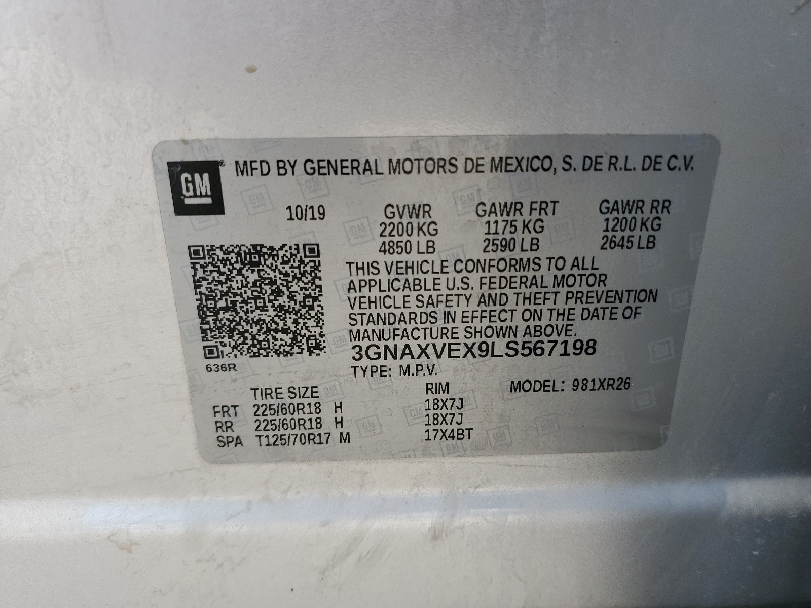 3GNAXVEX9LS567198 2020 Chevrolet Equinox Lt