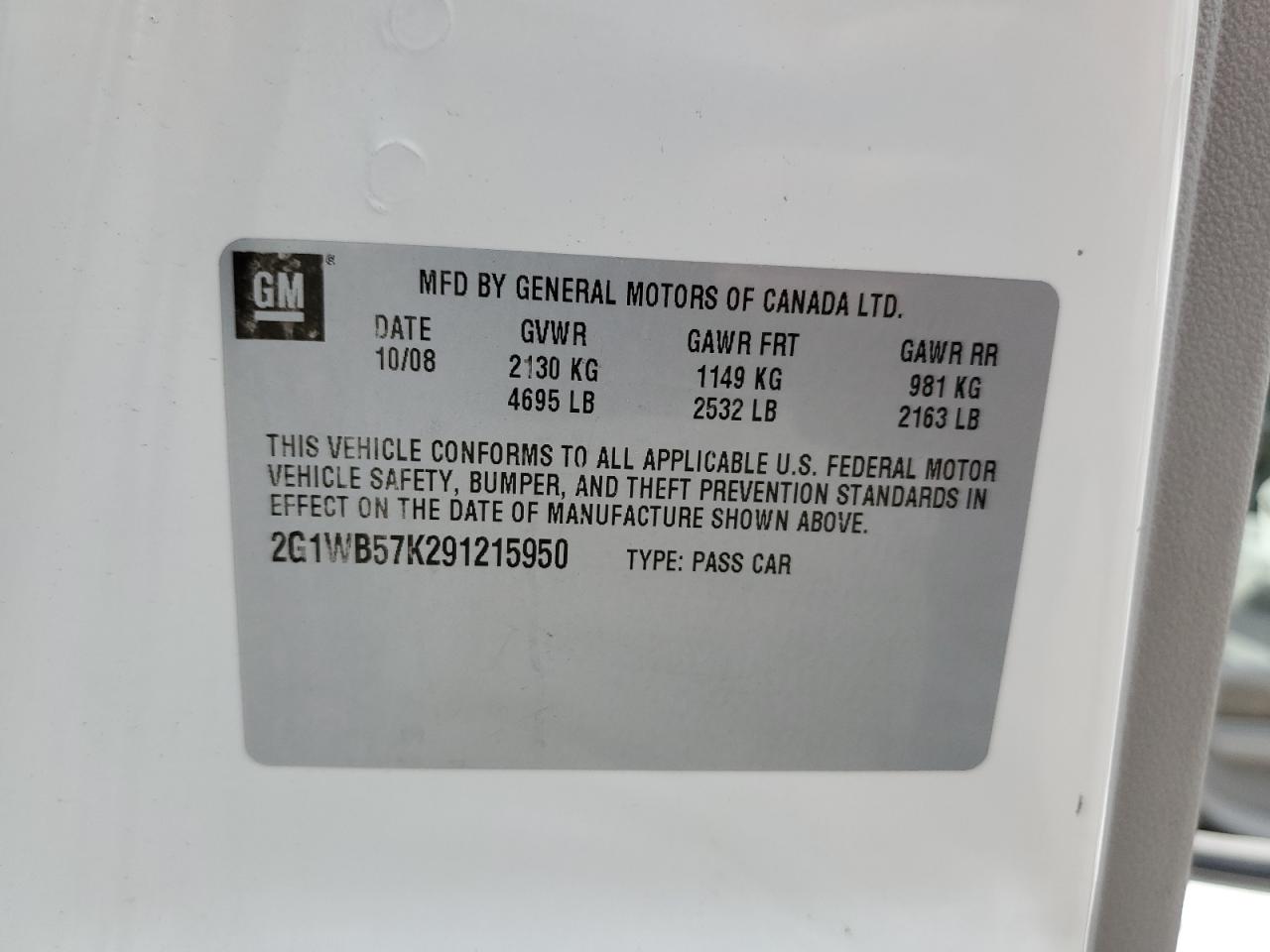 2009 Chevrolet Impala Ls VIN: 2G1WB57K291215950 Lot: 61667994