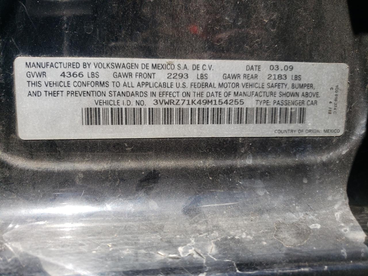 2009 Volkswagen Jetta Se VIN: 3VWRZ71K49M154255 Lot: 62112304