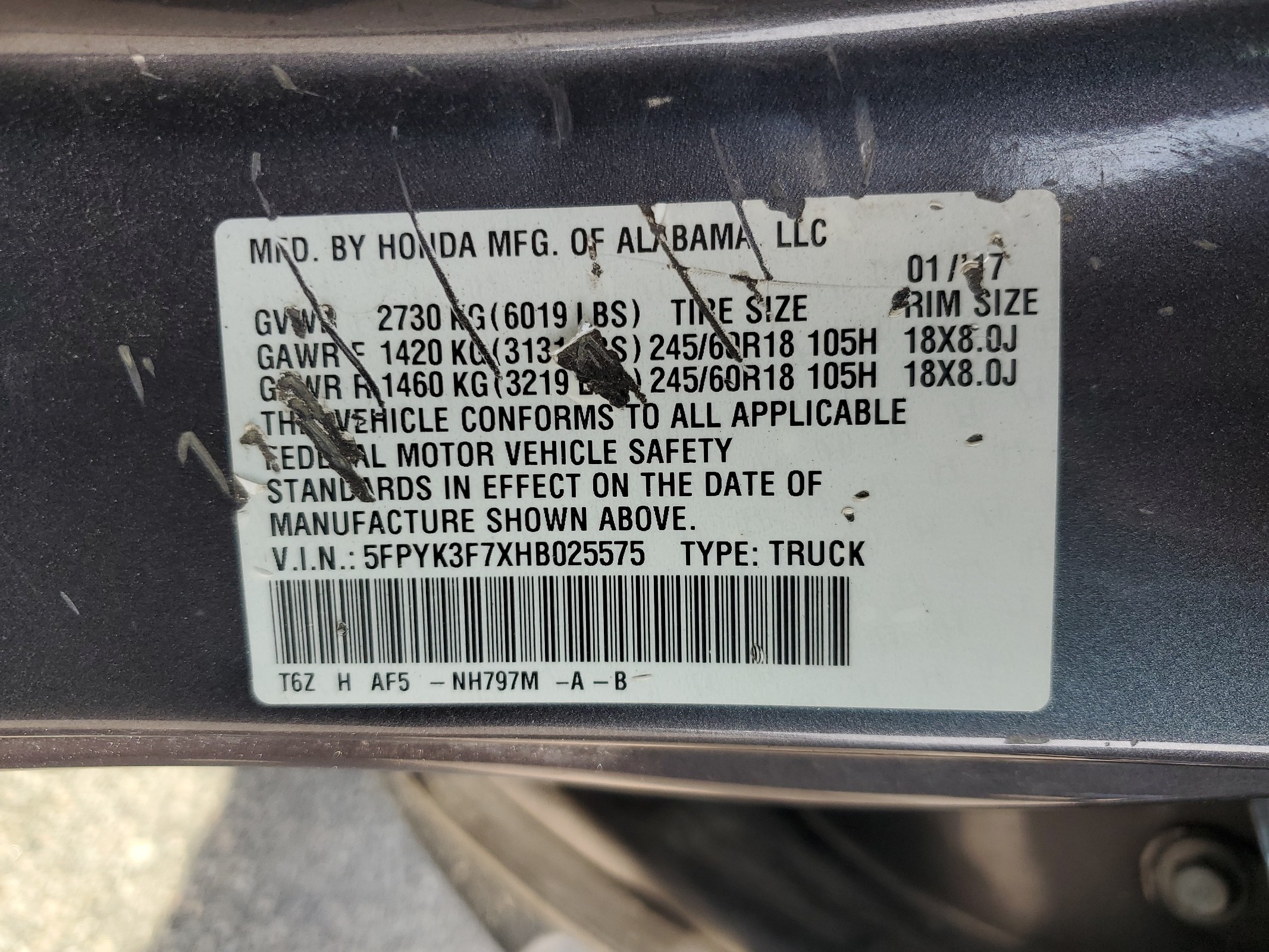 5FPYK3F7XHB025575 2017 Honda Ridgeline Rtl