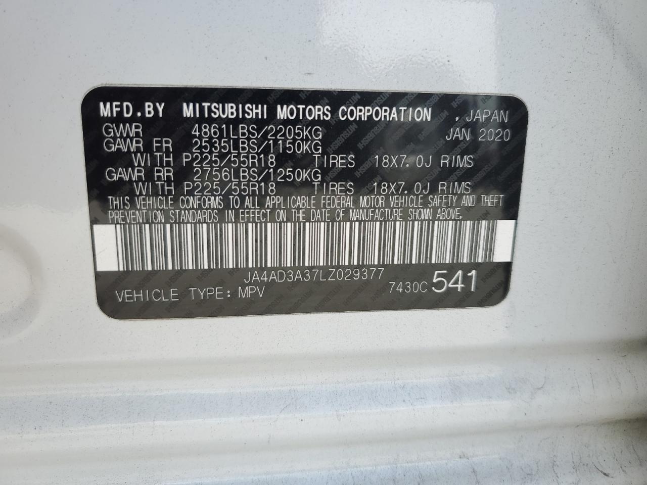 2020 Mitsubishi Outlander Se VIN: JA4AD3A37LZ029377 Lot: 62558034