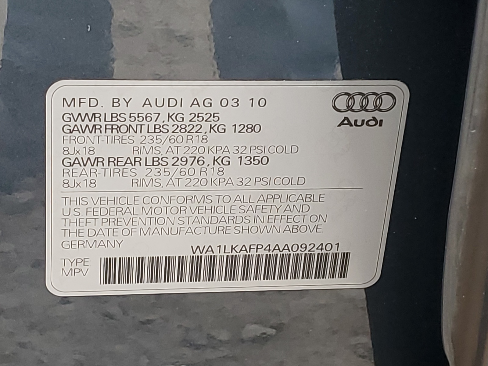 WA1LKAFP4AA092401 2010 Audi Q5 Premium Plus