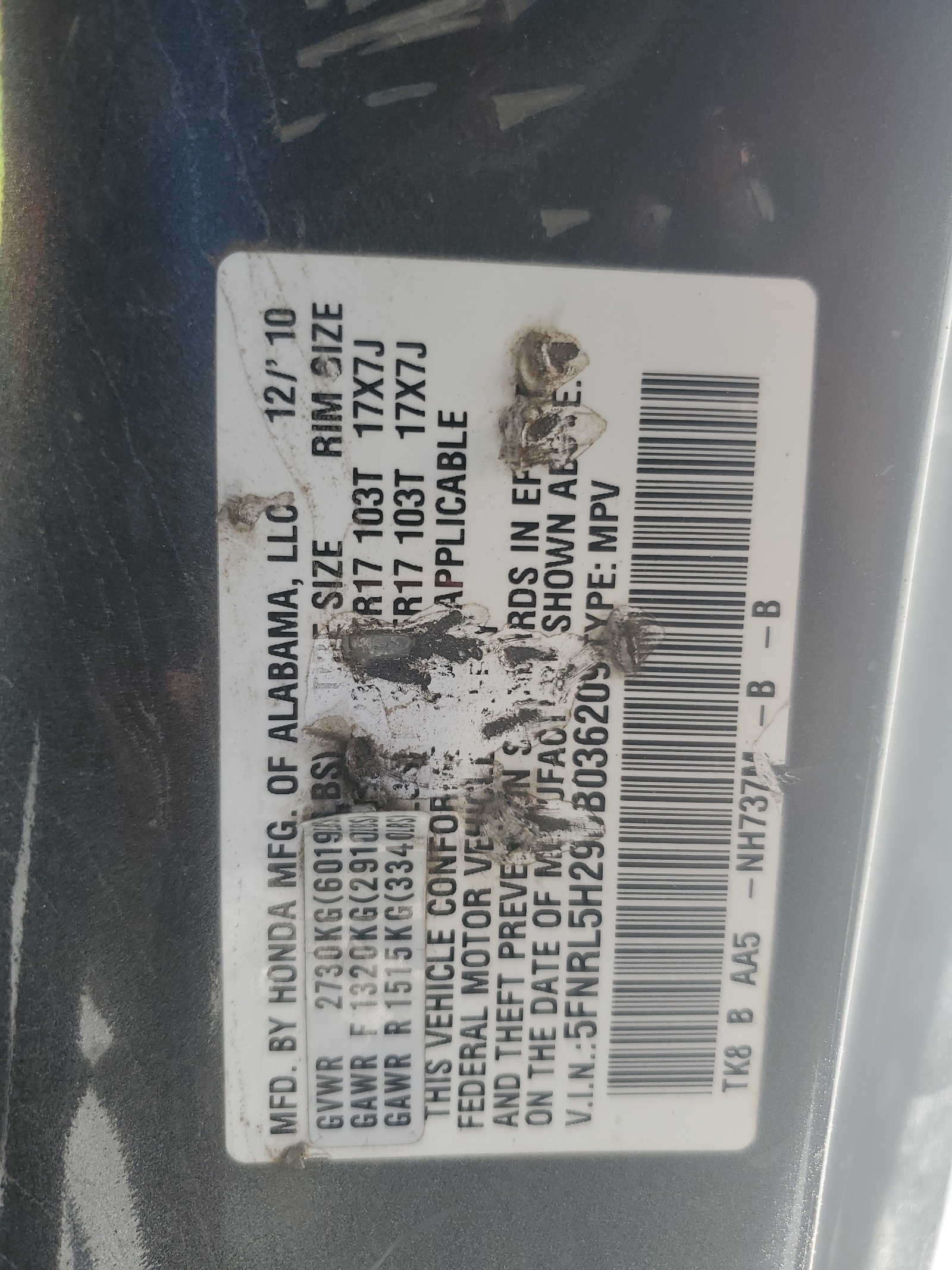 5FNRL5H29BB036209 2011 Honda Odyssey Lx