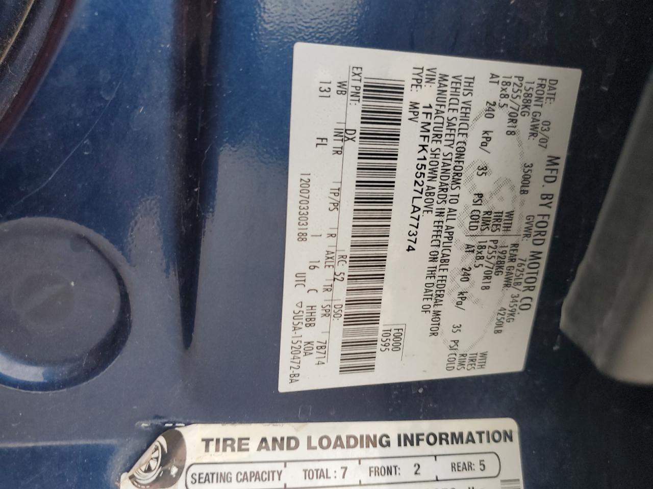 2007 Ford Expedition El Xlt VIN: 1FMFK15527LA77374 Lot: 63685244