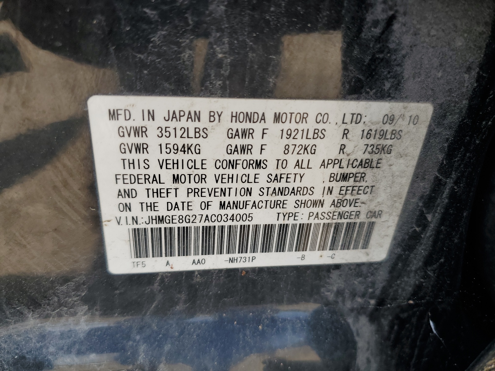 JHMGE8G27AC034005 2010 Honda Fit