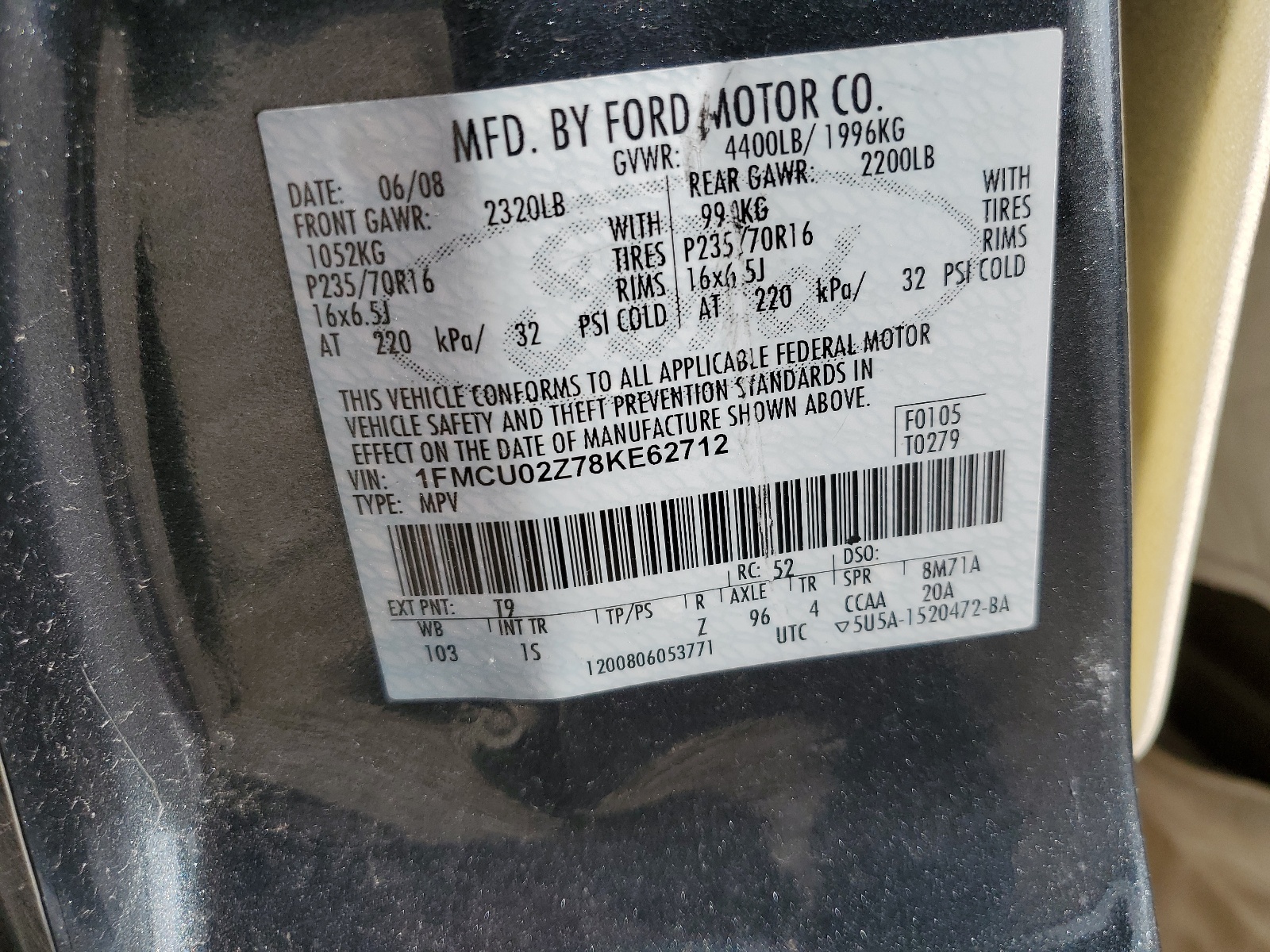 1FMCU02Z78KE62712 2008 Ford Escape Xls