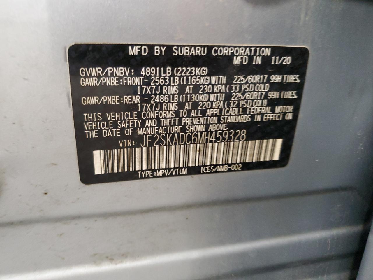 2021 Subaru Forester VIN: JF2SKADC6MH459328 Lot: 63411374