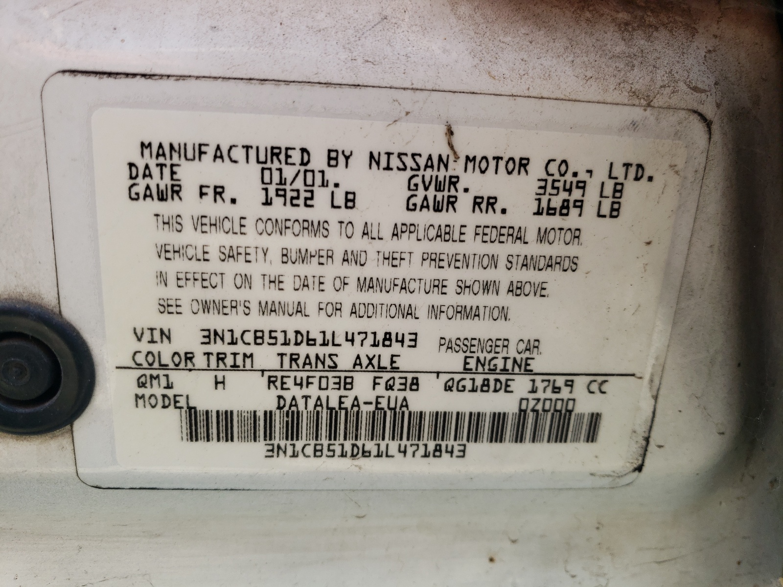 3N1CB51D61L471843 2001 Nissan Sentra Xe