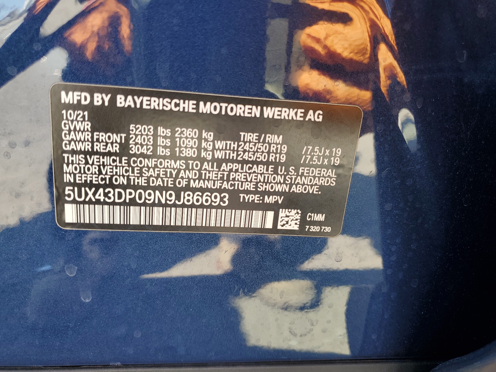 5UX43DP09N9J86693 2022 BMW X3 Sdrive30I