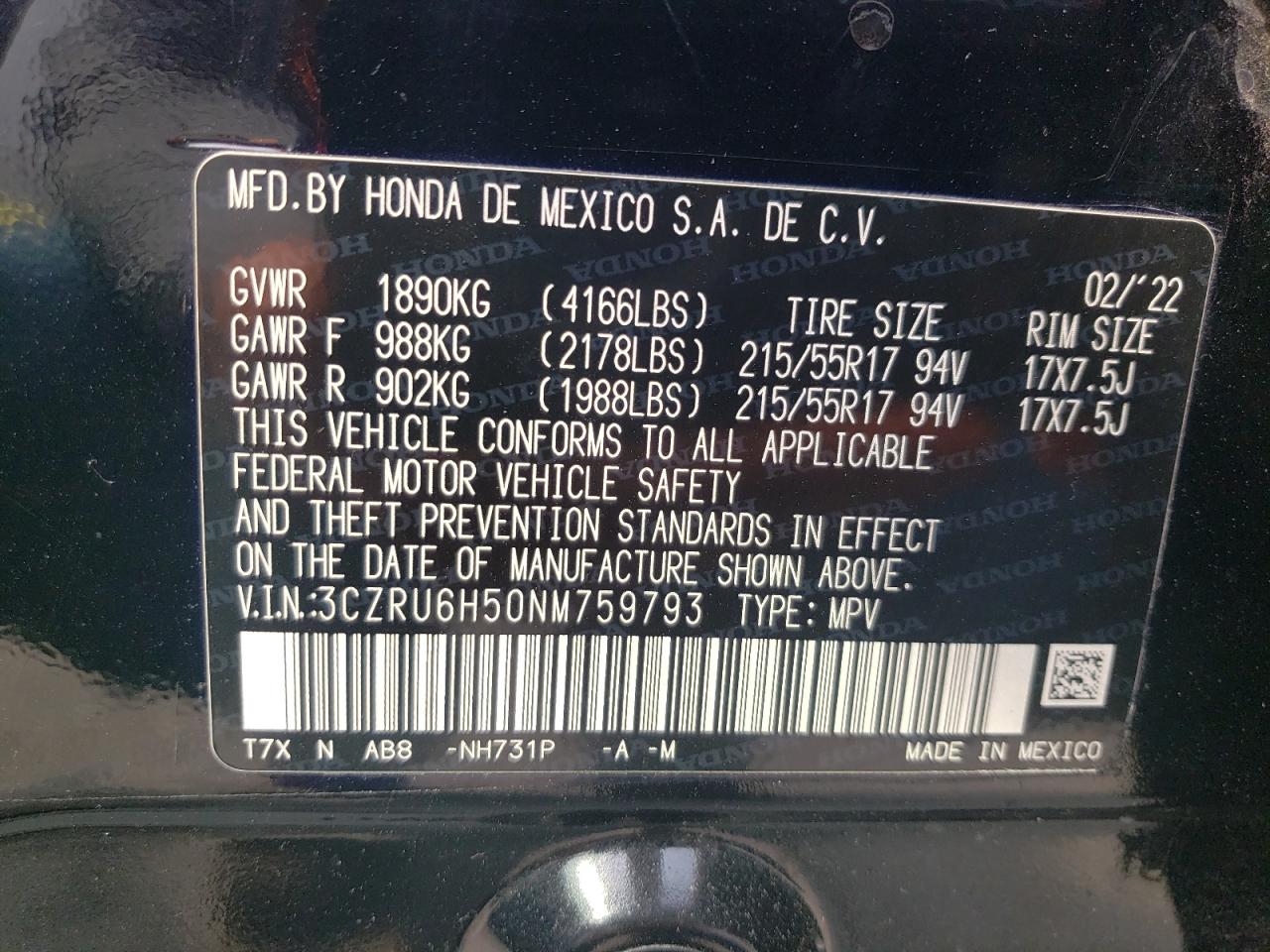 2022 Honda Hr-V Ex VIN: 3CZRU6H50NM759793 Lot: 64558814