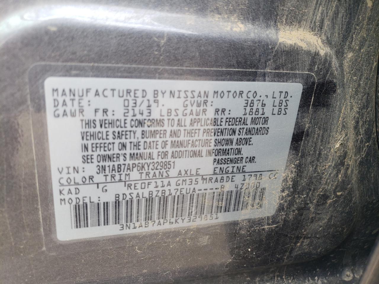 3N1AB7AP6KY329851 2019 Nissan Sentra S