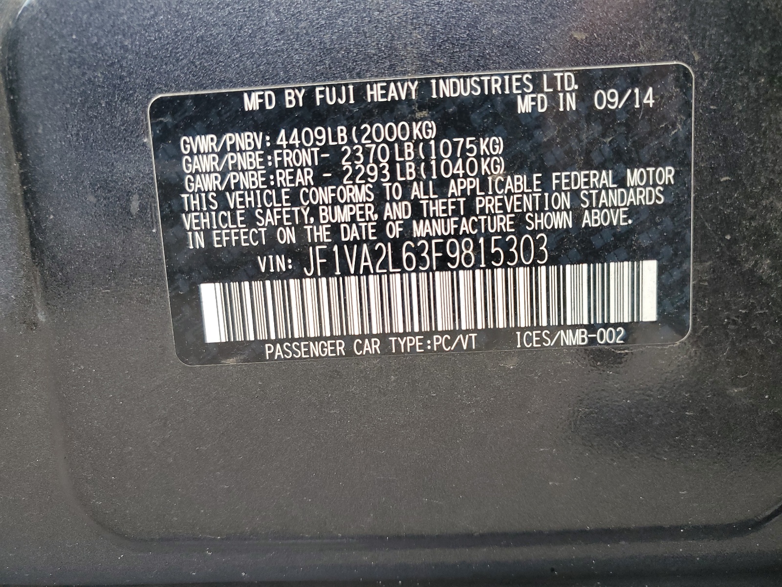 JF1VA2L63F9815303 2015 Subaru Wrx Sti