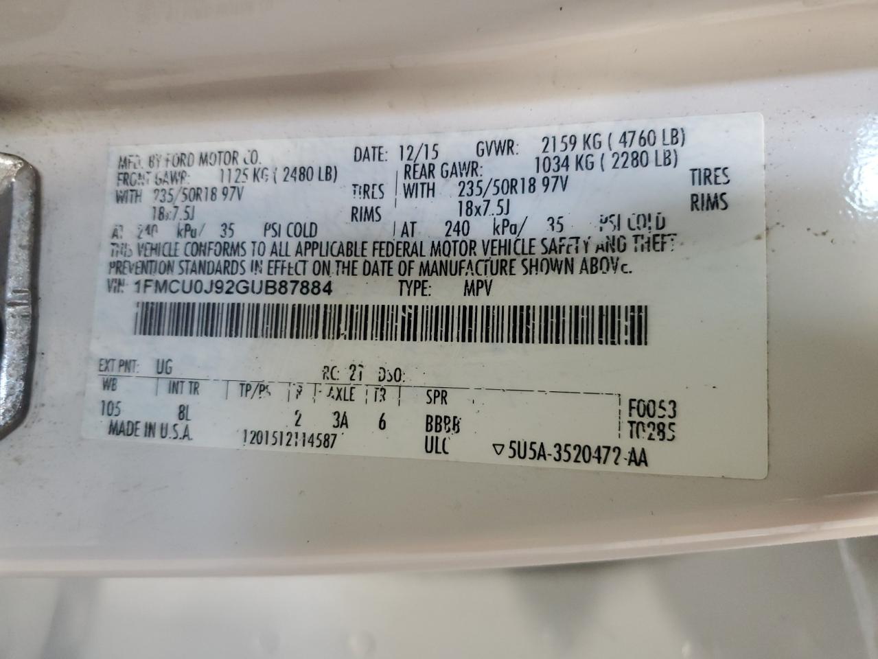 2016 Ford Escape Titanium VIN: 1FMCU0J92GUB87884 Lot: 63511314